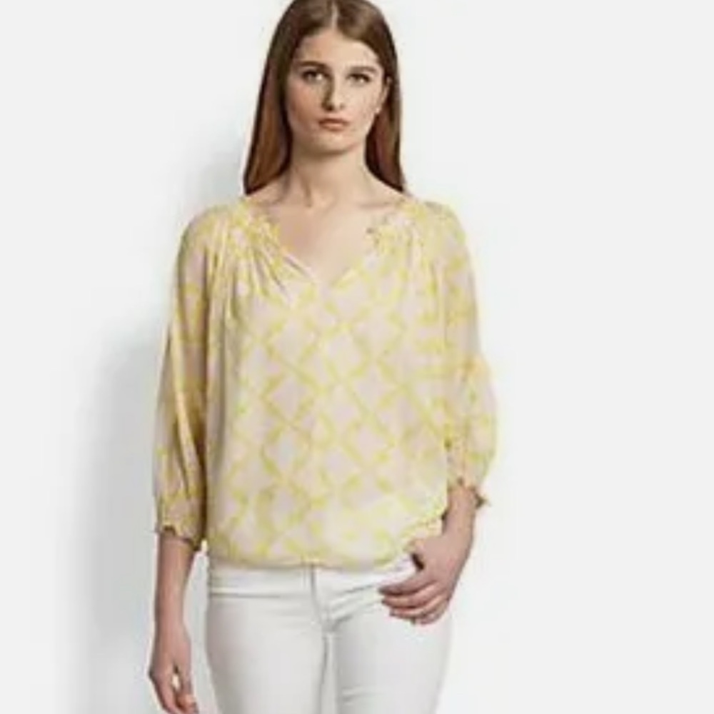Diane Von Furstenberg Bryn Lightweight yellow Silk Sheer lined chic Blouse Top - Picture 7 of 11